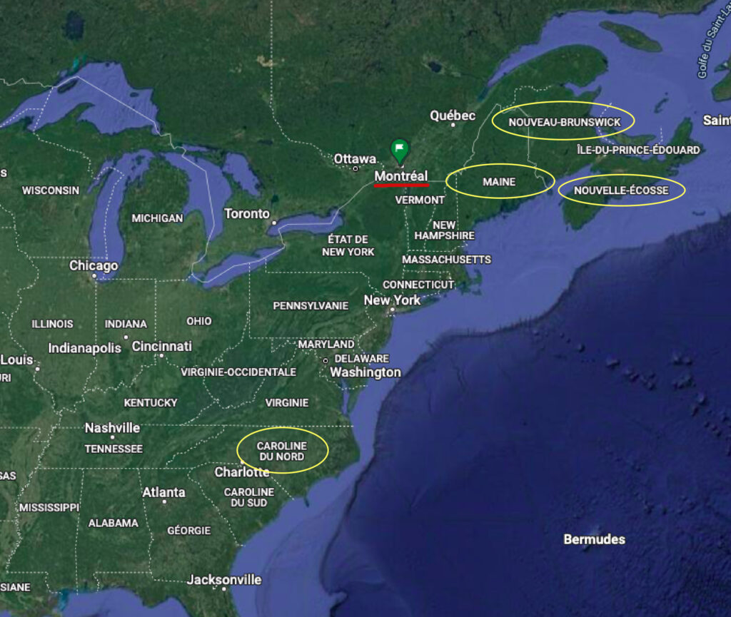 Les quatre destinations proposées, entourées en jaune (Source: Google maps)